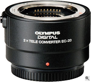 Olympus' Zuiko Digital 2x Teleconverter EC-20. Courtesy of Olympus, with modifications by Michael R. Tomkins. Click for a bigger picture!