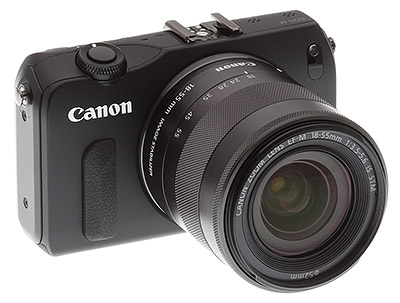 Canon EOS M review -- Front quarter view with lens