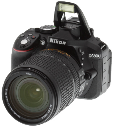 Nikon D5300 Review -- Front left view with flash deployed
