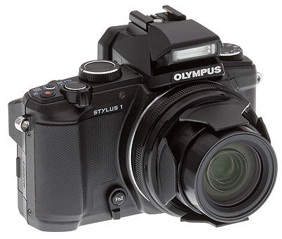 Olympus Stylus 1 Review -- right 3/4 shot with flash deployed