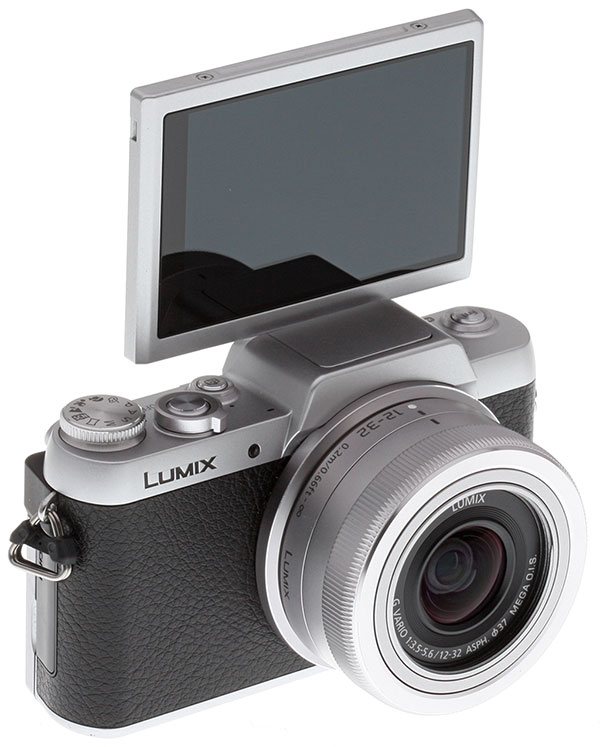 Panasonic GF7 Review -- Front three-quarter view with LCD up