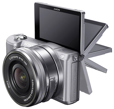 Sony A5000 review -- three-quarter view, LCD swing