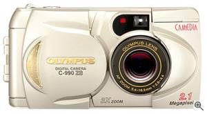 Olympus' C-990ZS digital camera, front view. Courtesy of Olympus Japan. Click for a bigger picture!