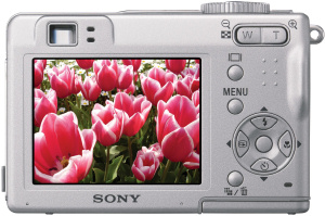 Sony's Cyber-shot DSC-W5 digital camera. Courtesy of Sony, with modifications by Michael R. Tomkins. Click for a bigger picture!