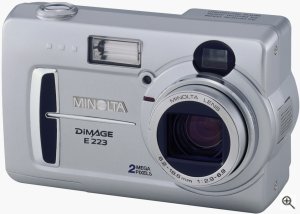 Minolta's Dimage E223 digital camera. Courtesy of Minolta, with modifications by Michael R. Tomkins. Click for a bigger picture!