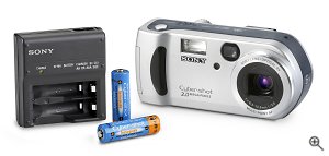 Sony's DSC-P51 digital camera. Courtesy of Sony, with modifications by Michael R. Tomkins. Click for a bigger picture!