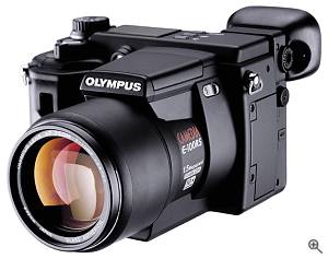 Olympus' E-100RS SLR-style digital camera, front left quarter view.  Courtesy of Olympus - click for a bigger picture!