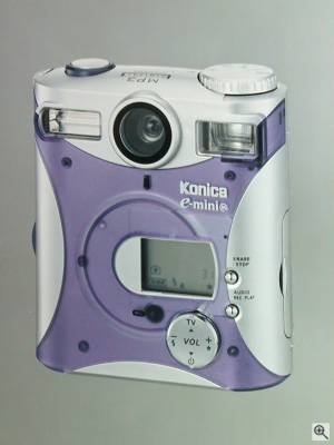 Konica's E-Mini-M digital camera, front view. Courtesy of Konica Photo Imaging Inc. Click for a bigger picture!