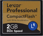 Lexar's 2GB 80X Lt CompactFlash card. Courtesy of Lexar, with modifications by Michael R. Tomkins.