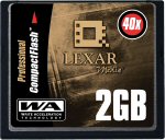 Lexar's 2GB CompactFlash card. Courtesy of Lexar, with modifications by Michael R. Tomkins.
