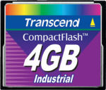 Transcend's 4GB Industrial CompactFlash card. Courtesy of Transcend, with modifications by Michael R. Tomkins.