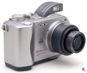 Sony's MVC-CD300 digital camera, front right quarter  view. Copyright (c) 2001, The Imaging Resource. All rights reserved. Click for a bigger picture!