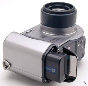 Sony's MVC-CD300 digital camera, bottom view showing  battery compartment. Copyright (c) 2001, The Imaging Resource. All rights reserved. Click for a bigger picture!