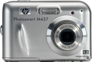 Hewlett Packard's Photosmart M437 digital camera. Courtesy of Hewlett Packard, with modifications by Michael R. Tomkins. Click for a bigger picture!