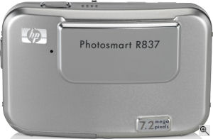 Hewlett Packard's Photosmart R837 digital camera. Courtesy of Hewlett Packard, with modifications by Michael R. Tomkins. Click for a bigger picture!