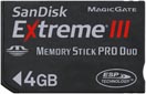 SanDisk 4GB Extreme III MS PRO Duo card. Courtesy of SanDisk, with modifications by Zig Weidelich