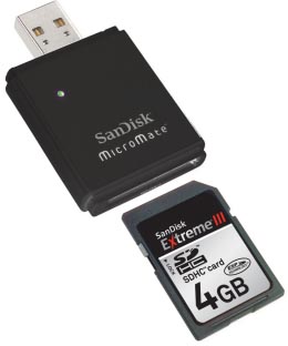 SanDisk Micro Mate SDHC card reader with 4GB SDHC Extreme III card. Courtesy of SanDisk, with modifications by Zig Weidelich