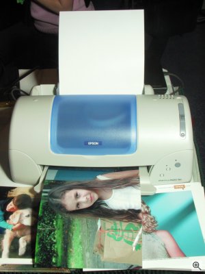 Epson's Stylus Photo 780 printer at the DigitalFocus 2001 press event, shown with borderless print in tray. Copyright (c) 2001, Michael R. Tomkins, all rights reserved. Click for a bigger picture!